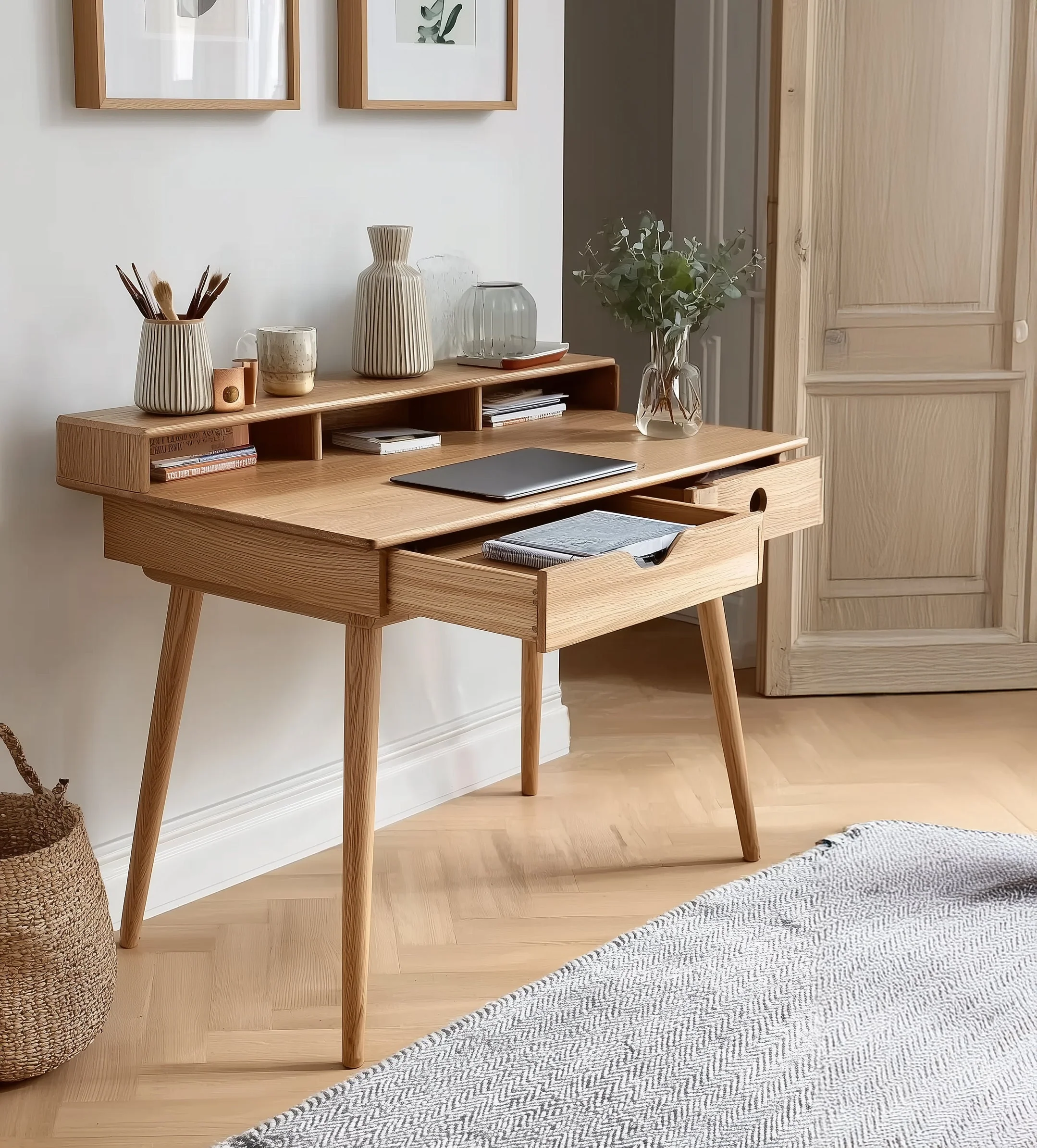 Mid-Century Bureau met 2 Lade – Modern Schrijftafel en Studiebureau met Rubberwood Poten