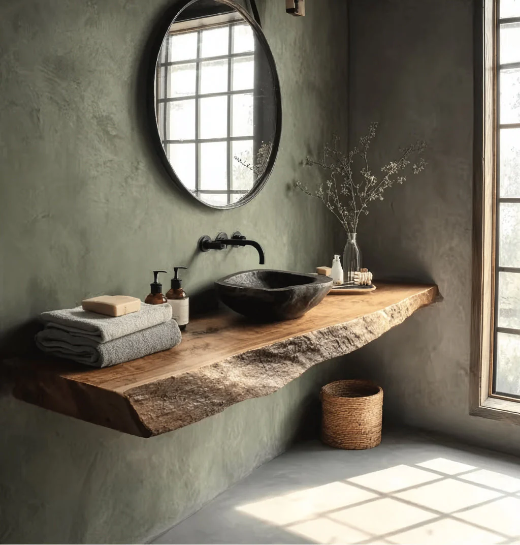 Rustieke Zwevende Badkamerplank – Handgemaakte Live Edge Plank met Beugels