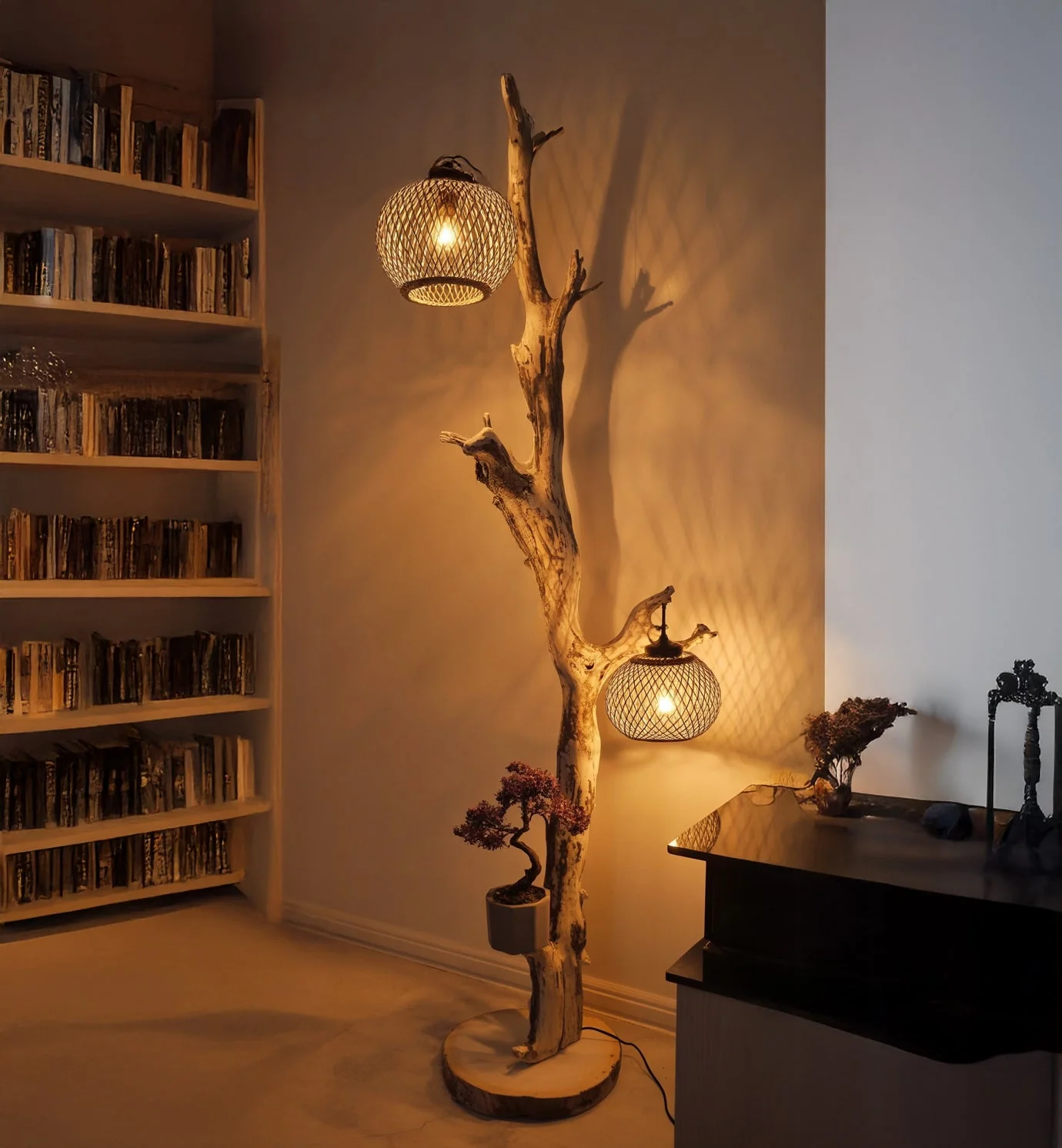 Rustieke Driftwood Vloerlamp – Houten Staande Lamp met Rotan Lampenkap