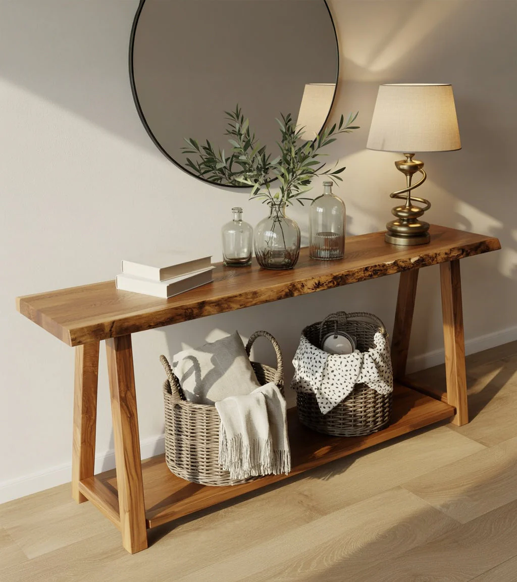 Gerecyclede Massief Houten Console Tafel – Handgemaakt Rustiek Live-Edge