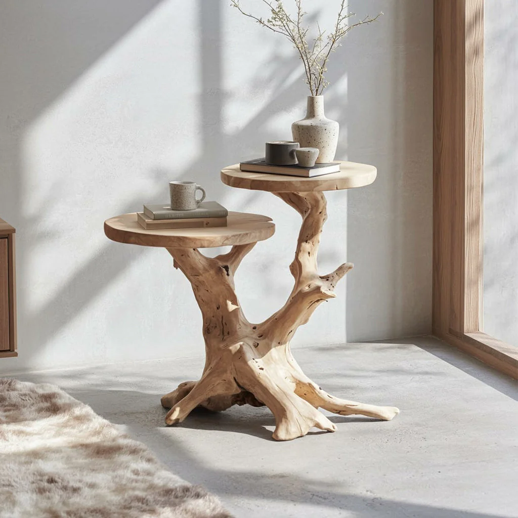 Handgemaakte Boomstronk Bijzettafel – Natuurlijke Houten Twee Niveau Side Table, Live Edge Accenttafel