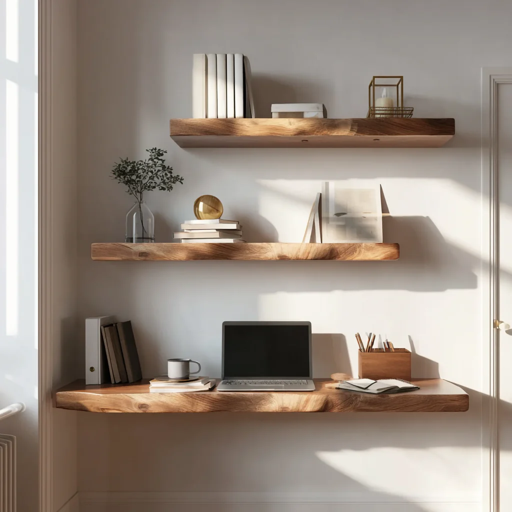 Live Edge Zwevend Bureau van Massief Hout – Wandgemonteerde Planken voor Thuiswerkplek
