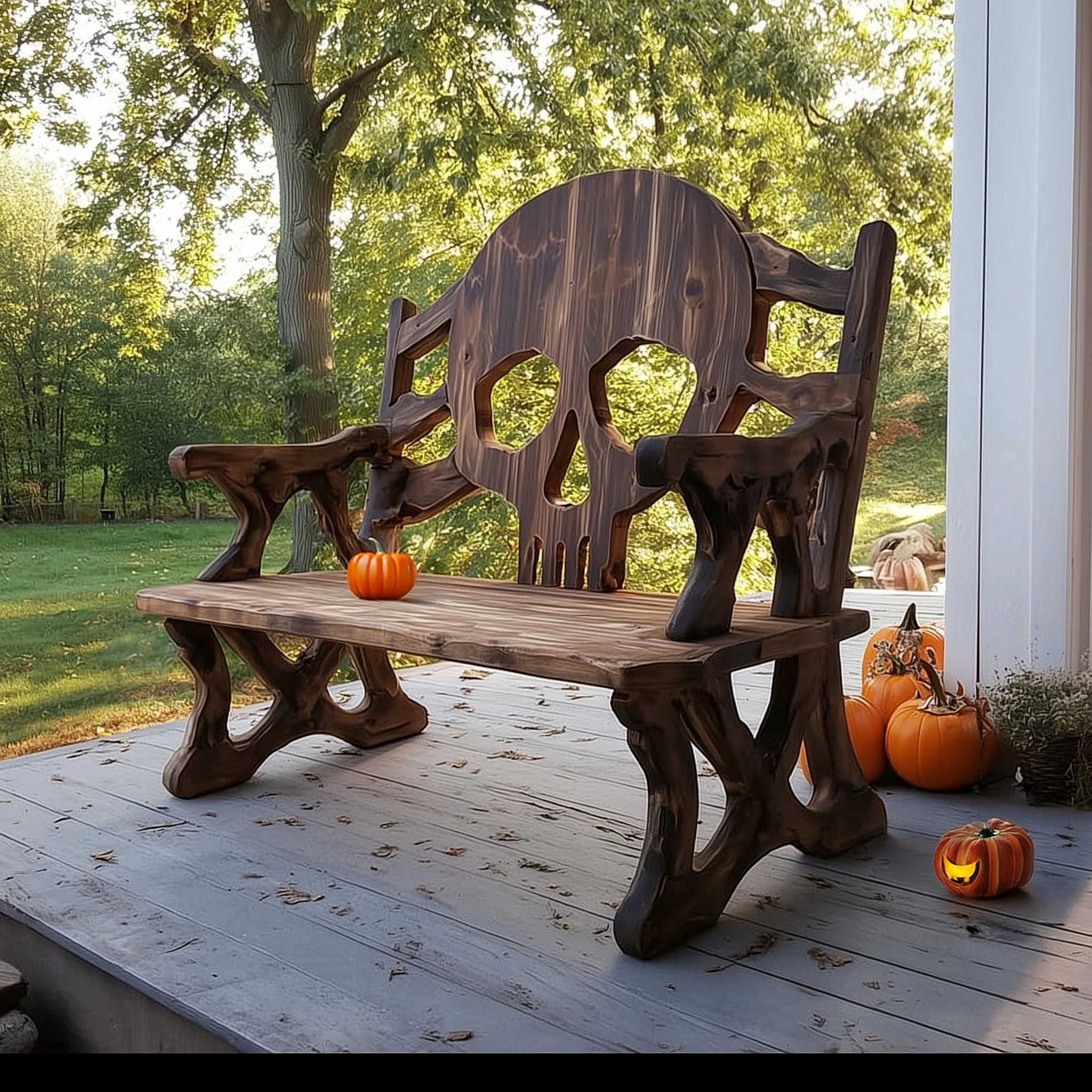 Handgemaakte Houten Skull Bank – Halloween Buitenbank voor Veranda of Tuin