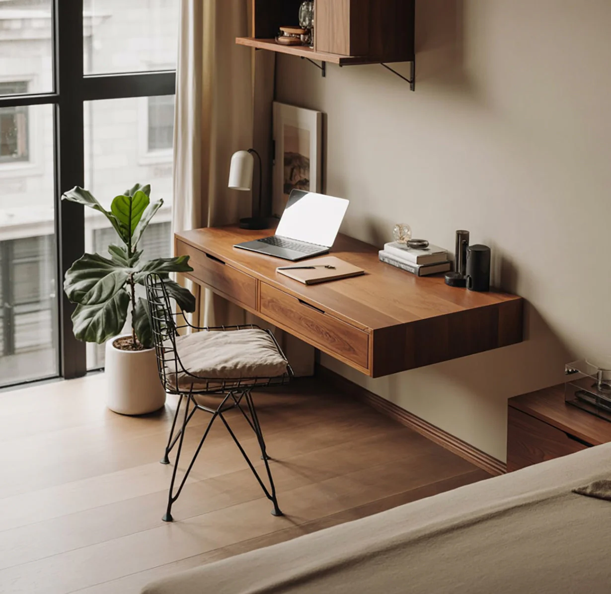 Modern Zwevend Wandbureau met Lades van Massief Hout Minimalistisch Zen