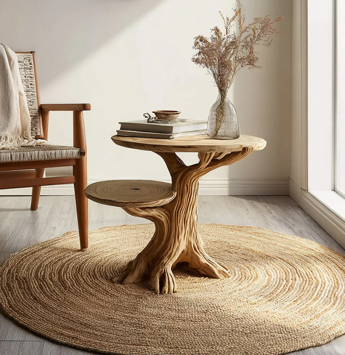Handgemaakte Massief Houten Bijzettafel met Sculpturale Boomvoet
