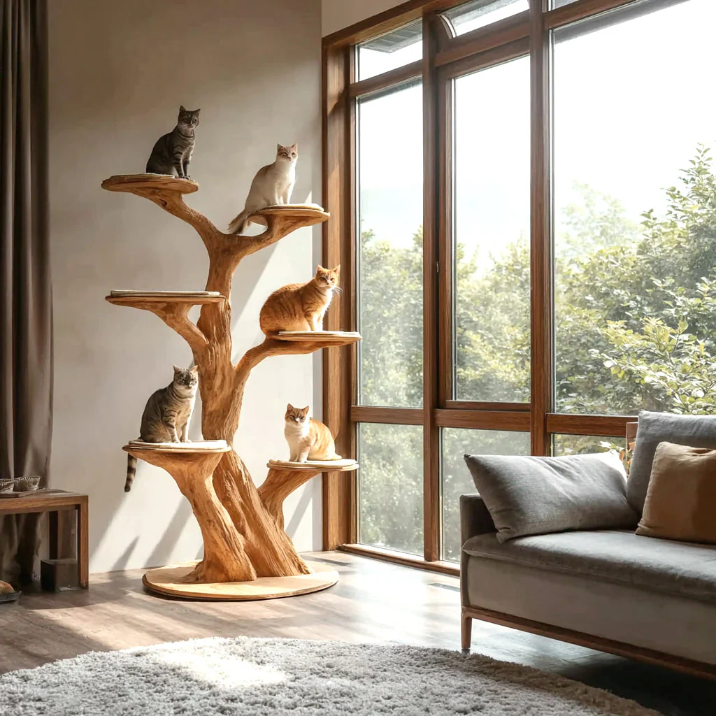 Op Maat Gemaakte Houten Boomvormige Kattentoren – Handgemaakt Uniek met Takken, Natuurlijk Kattenplank Meubel voor Binnen