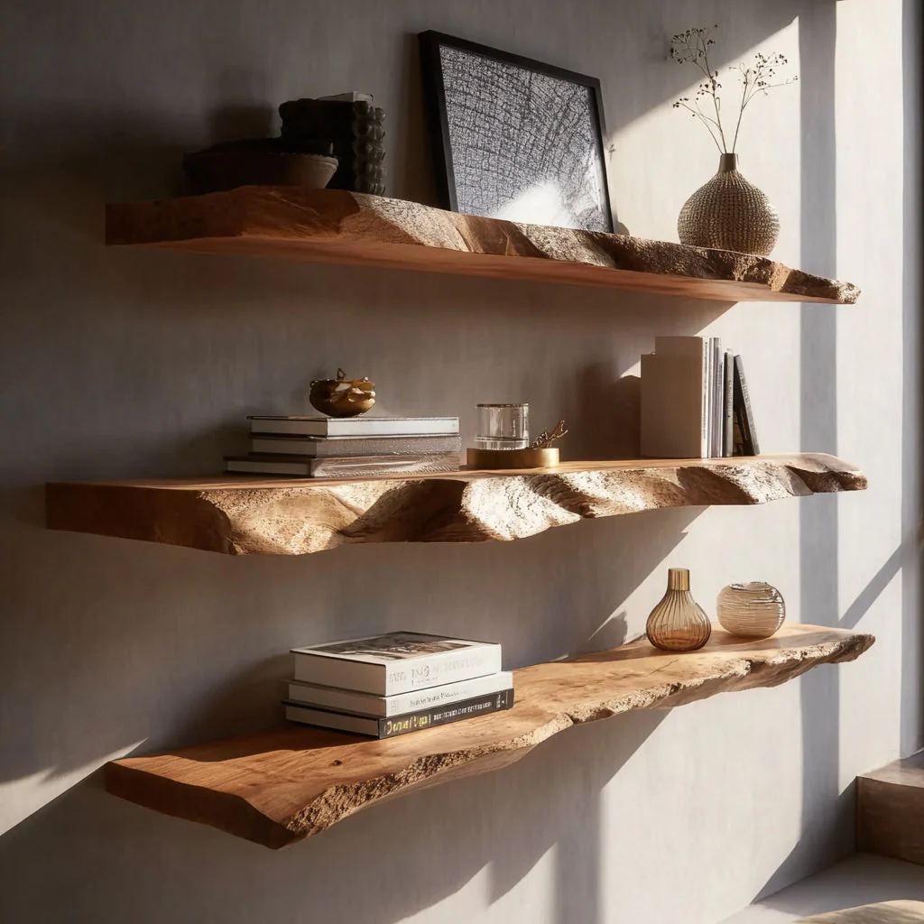 Live Edge Zwevende Planken – Handgemaakte Massief Houten Rustieke Wanddecoratie