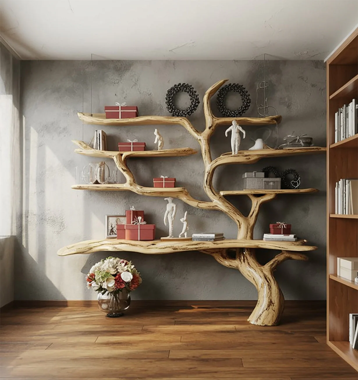 Handgemaakte Boomvormige Boekenkast – Rustieke Live Edge Houten Wandboekenkast