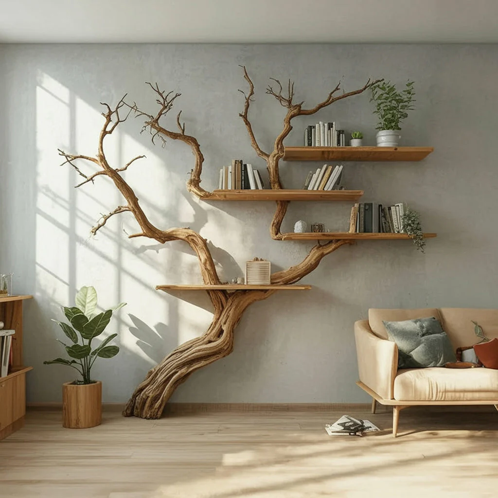 Boomvormige Houten Boekenplank – Sculpturale Boomtak Wandboekenkast voor Rustieke Woondecoratie
