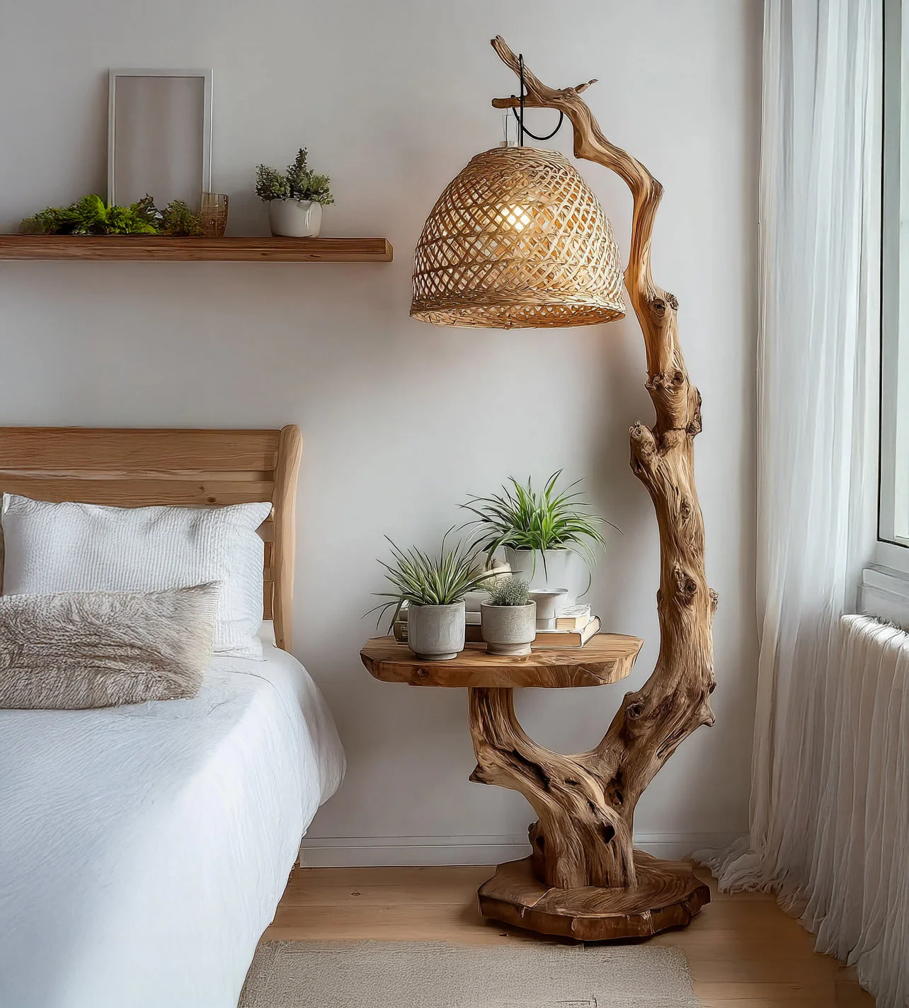 Bijzettafel met Driftwood Vloerlamp – Handgemaakt Hout, Rustiek Design