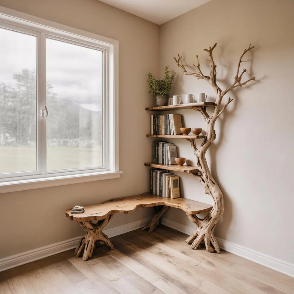 Driftwood Hoekboekenkast – Massief Houten Boomtak Design