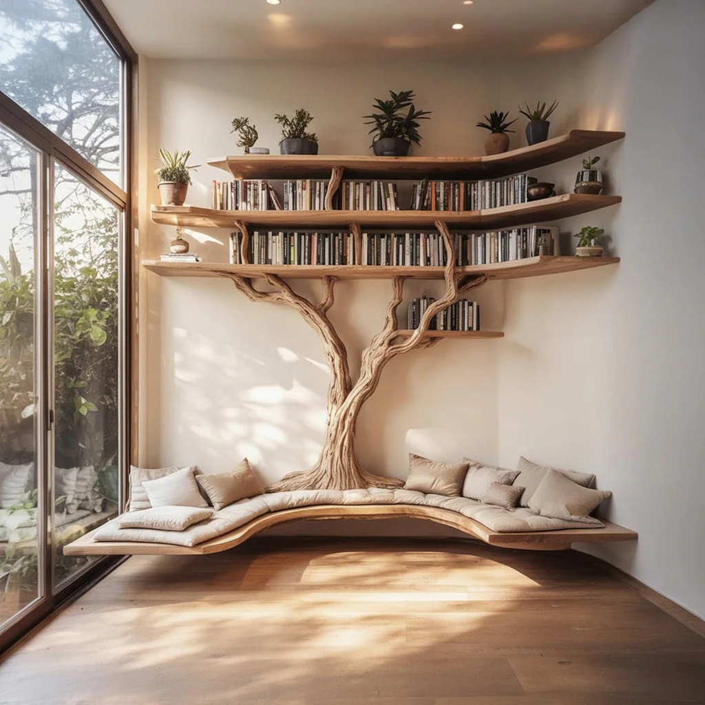 Boomvormige Boekenkast met Ingebouwde Bank – Live Edge Houten Wandplank voor Leeshoek