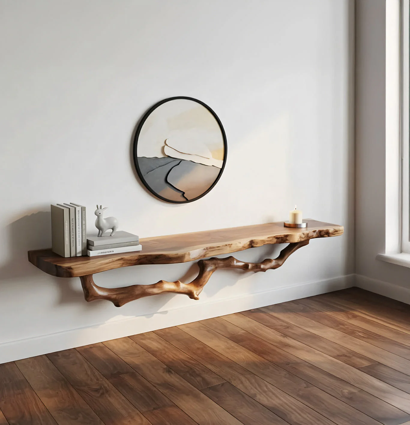 Organische Live Edge Zwevende Houten Wandplank met Taksteun
