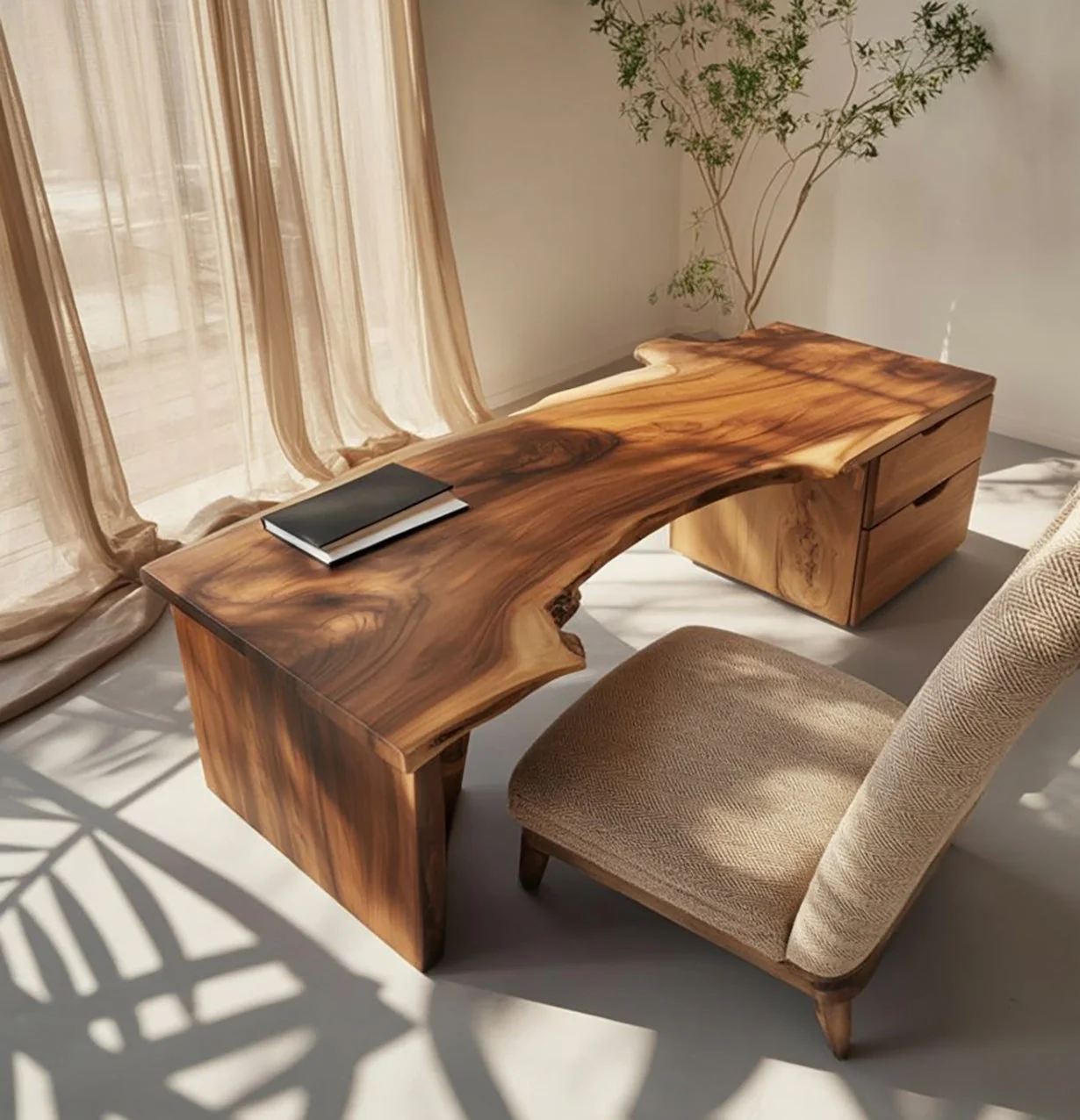 Handgemaakt Live Edge Bureau van Massief Hout met Opbergruimte – Modern Rustiek