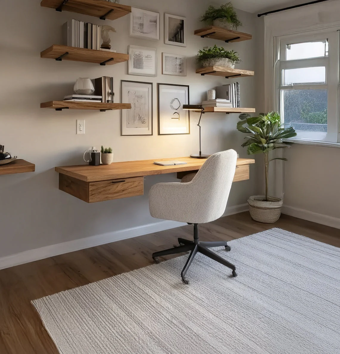 Zwevend Houten Bureau met Wandplanken van Massief Hout in Minimalistisch Design
