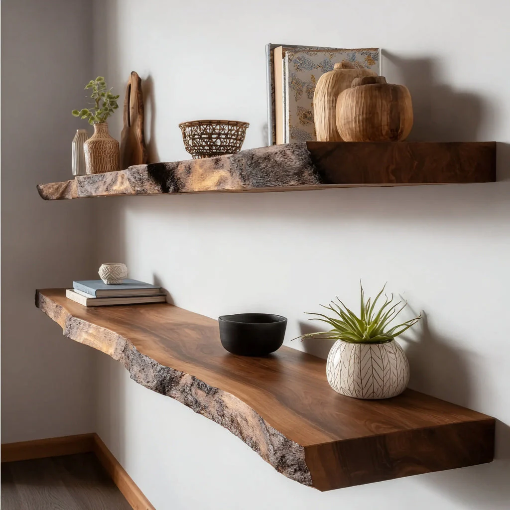 Live Edge Zwevende Houten Wandplanken – Handgemaakte Massief Houten Wandoplossing