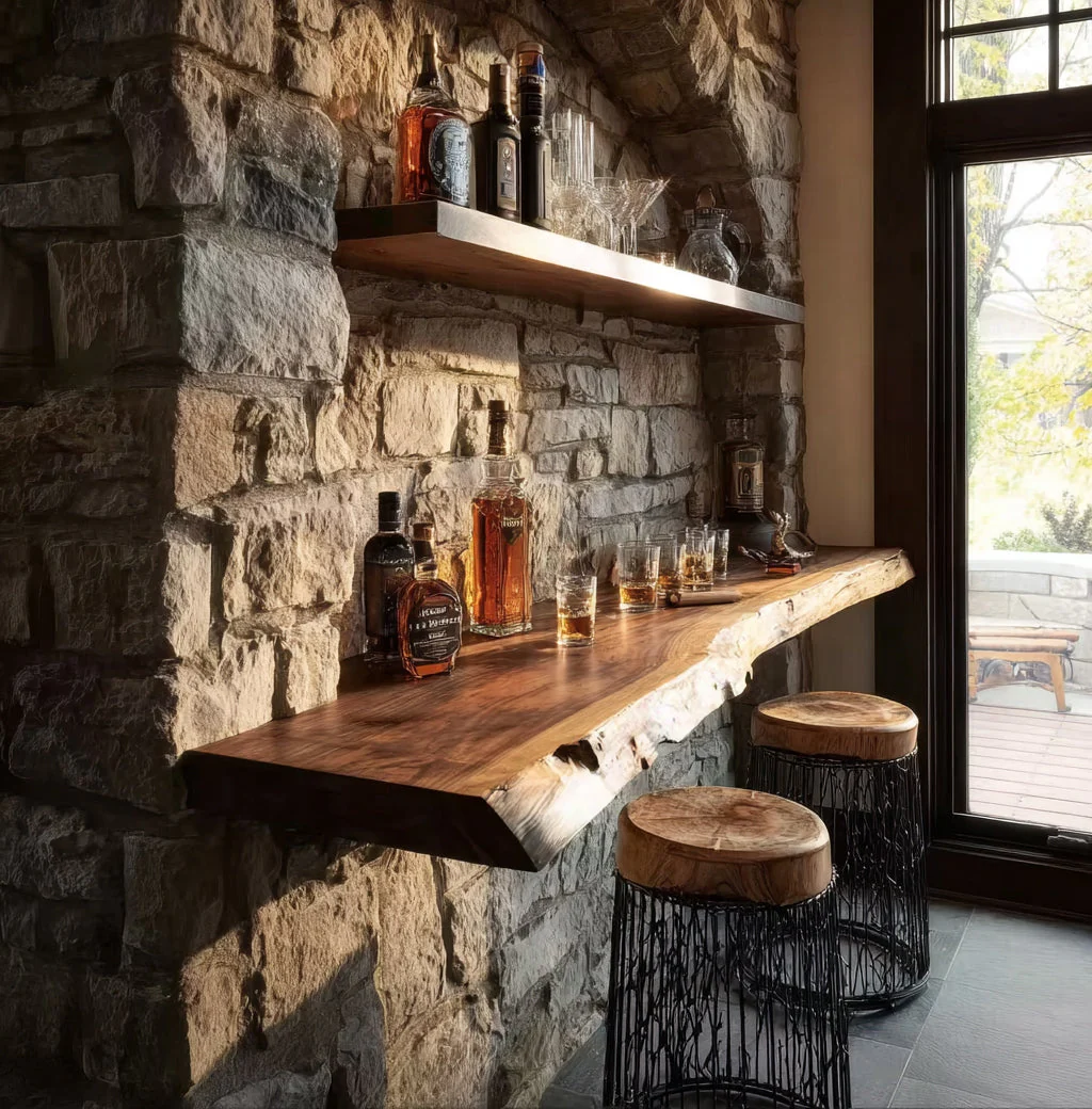Handgemaakte Live Edge Massief Houten Zwevende Bartafel – Wandplank