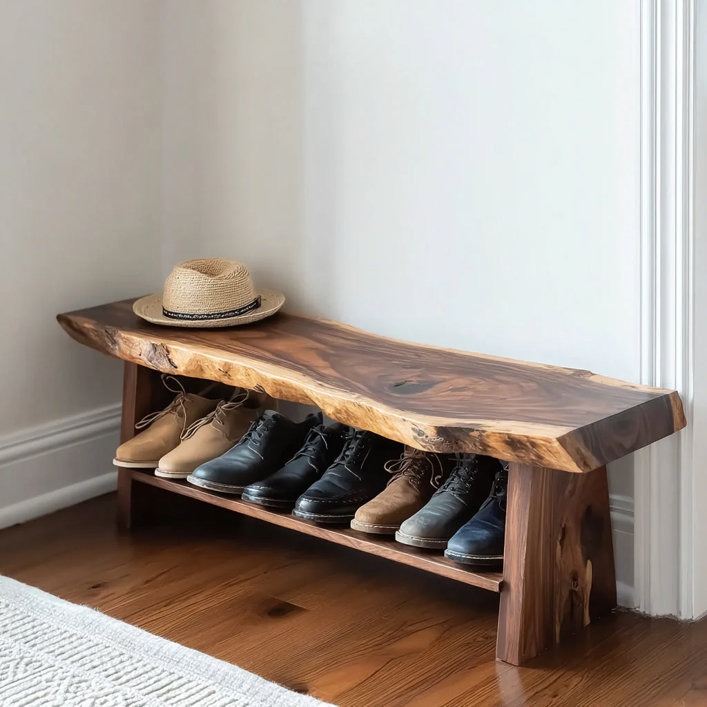 Handgemaakte Live Edge Houten Schoenbank – Halbank met Opbergplank