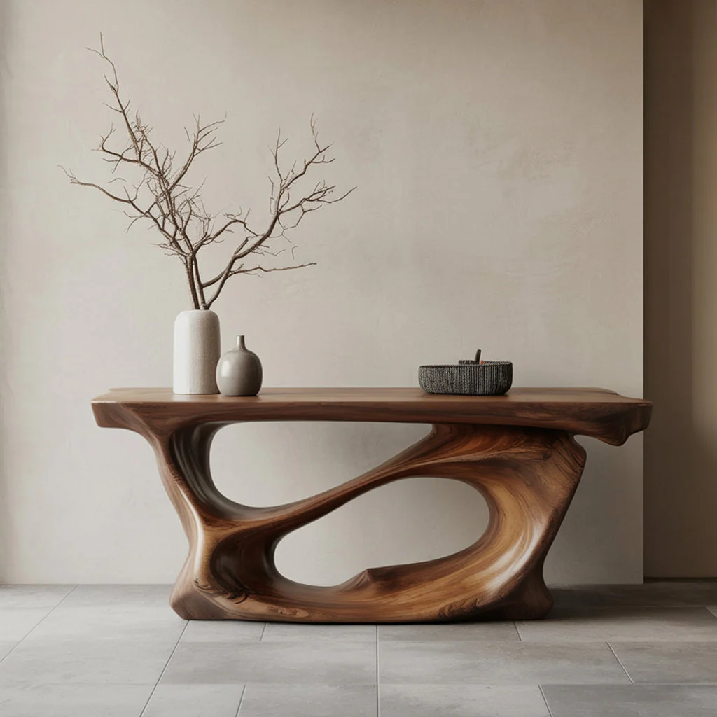Sculpturale Console Tafel van Massief Hout – Organisch Modern Design voor de Entree