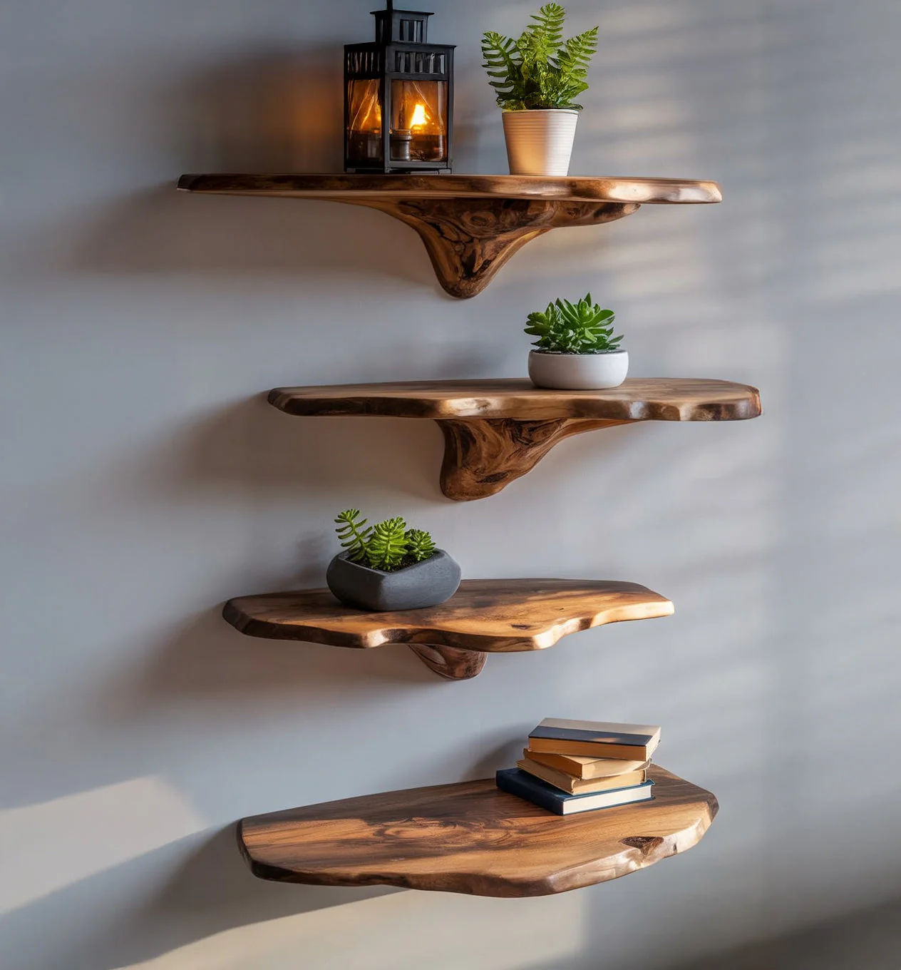 Live Edge Zwevende Planken – Handgemaakte Massief Houten Wandplanken voor Moderne Woondecoratie
