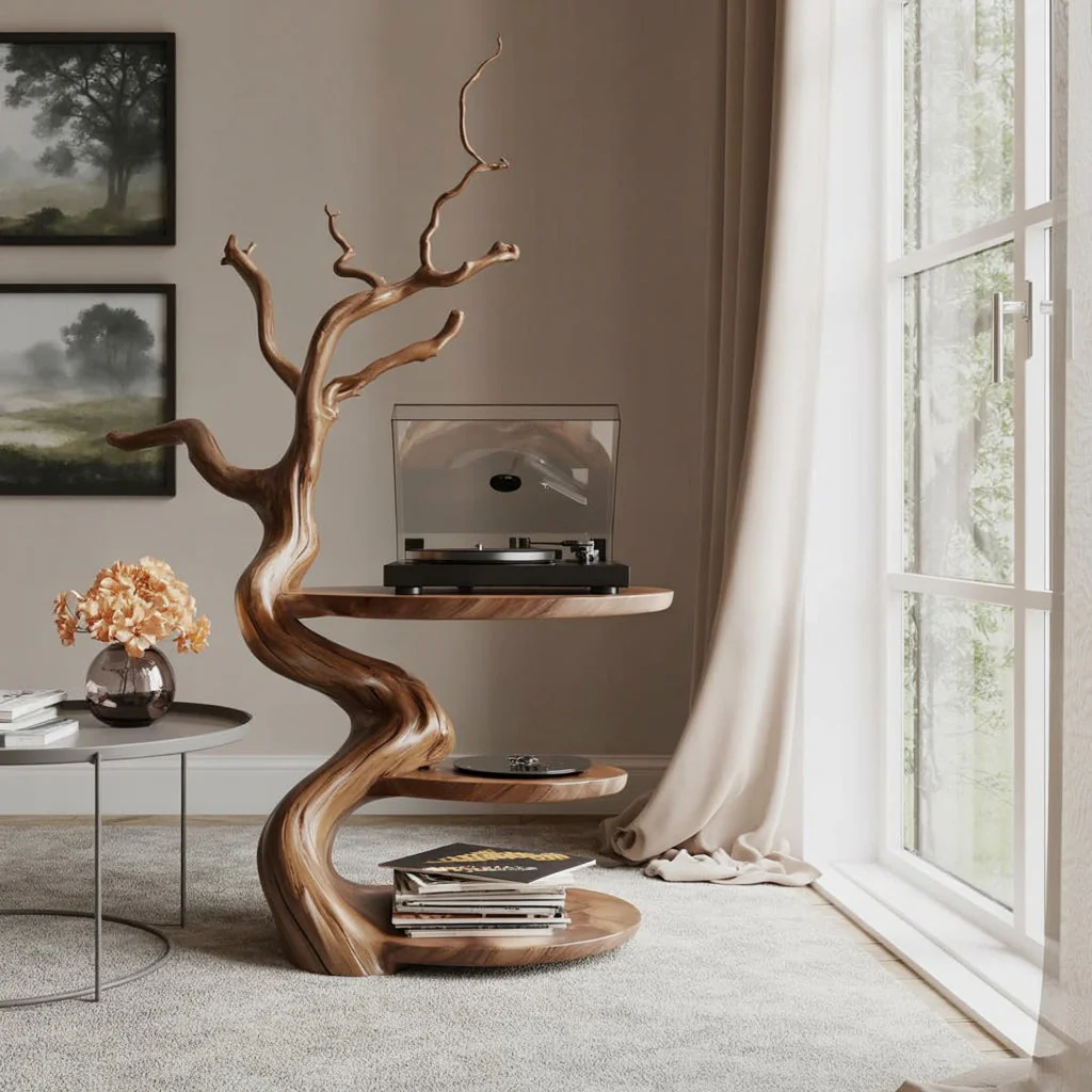 Handgemaakte Houten Platenspelerstandaard met Vinylopslag