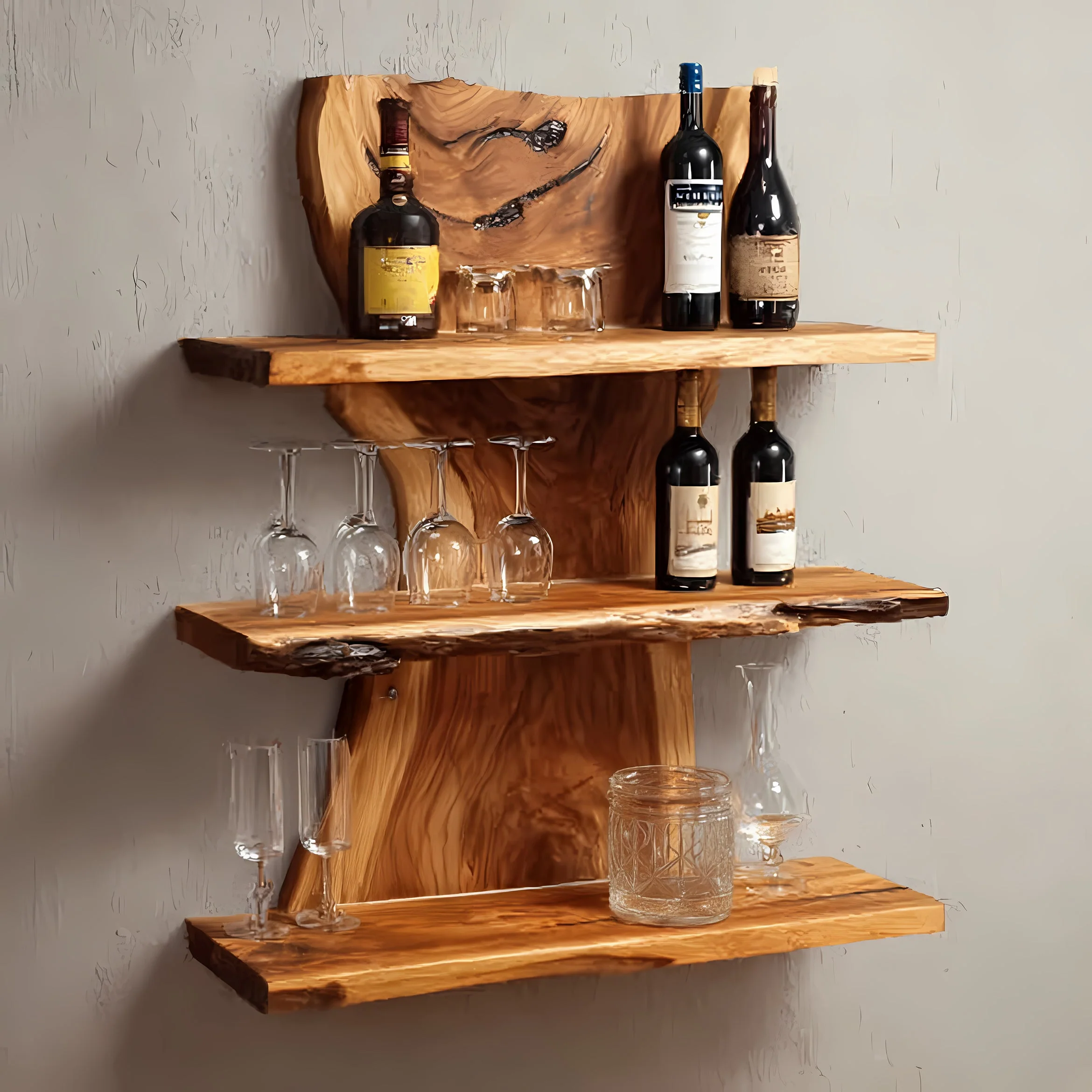 Handgemaakte 3-Laags Boomrand Bar Wandplank – Massief Hout, Rustiek Zwevend voor Thuisbar