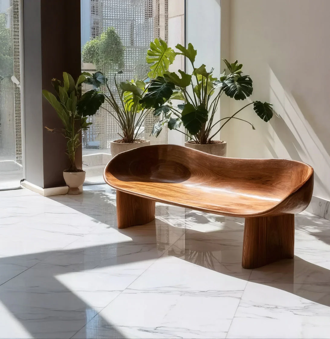 Contemporary Sculpturaal Bankje – Handgemaakt Meubel met Vloeiende Gebogen Design voor Minimalistisch Interieur