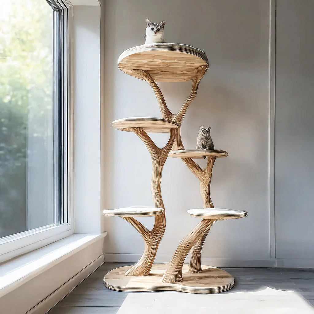 Handgemaakte Houten Kattenboom met Organisch Takontwerp – Modern Design