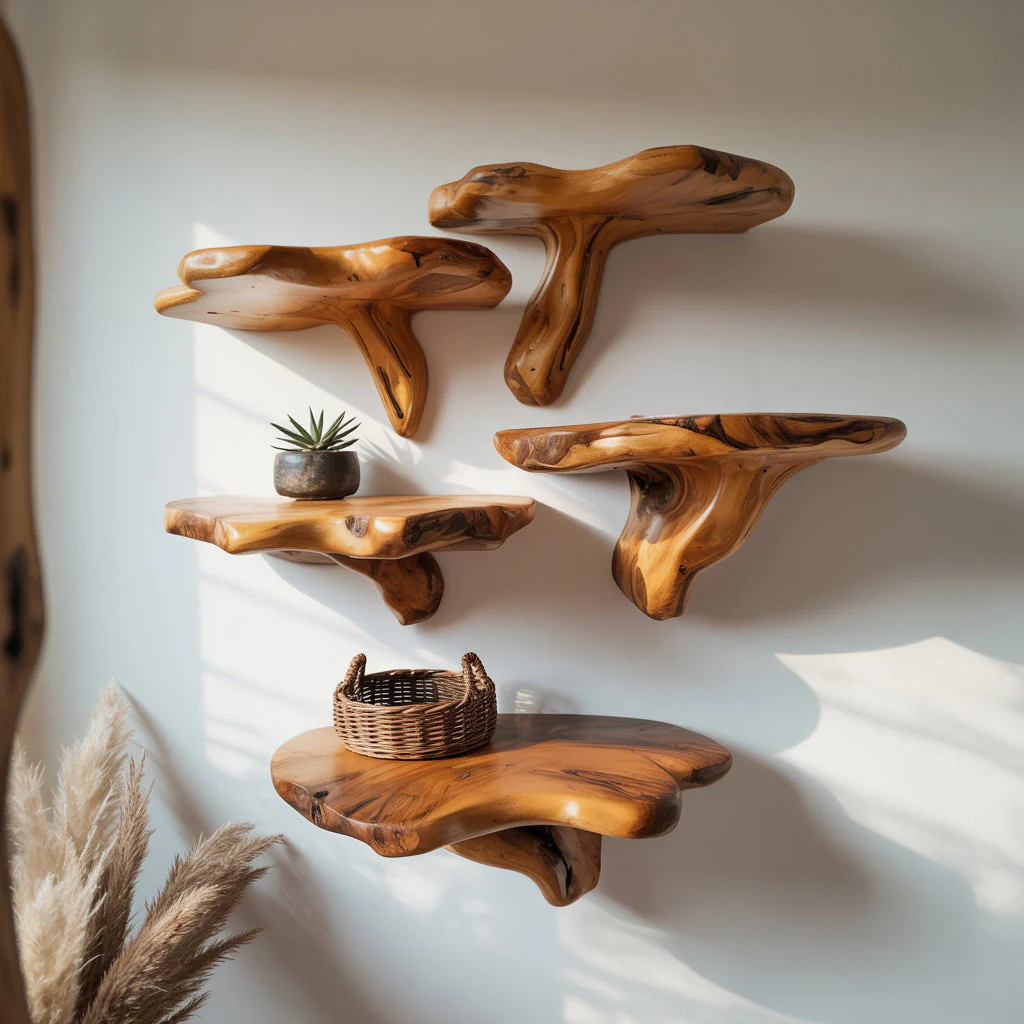 Handgemaakte Rustieke Paddenstoel Zwevende Plank – Live Edge Houten Wanddecoratie
