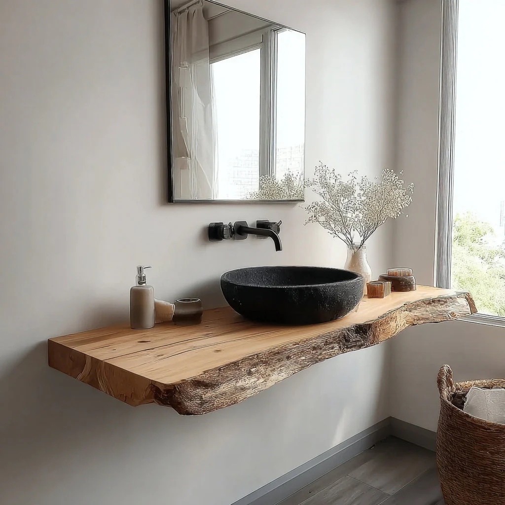 Handgemaakte Badkamermeubel van Live Edge Massief Hout – Rustieke Wastafelplank