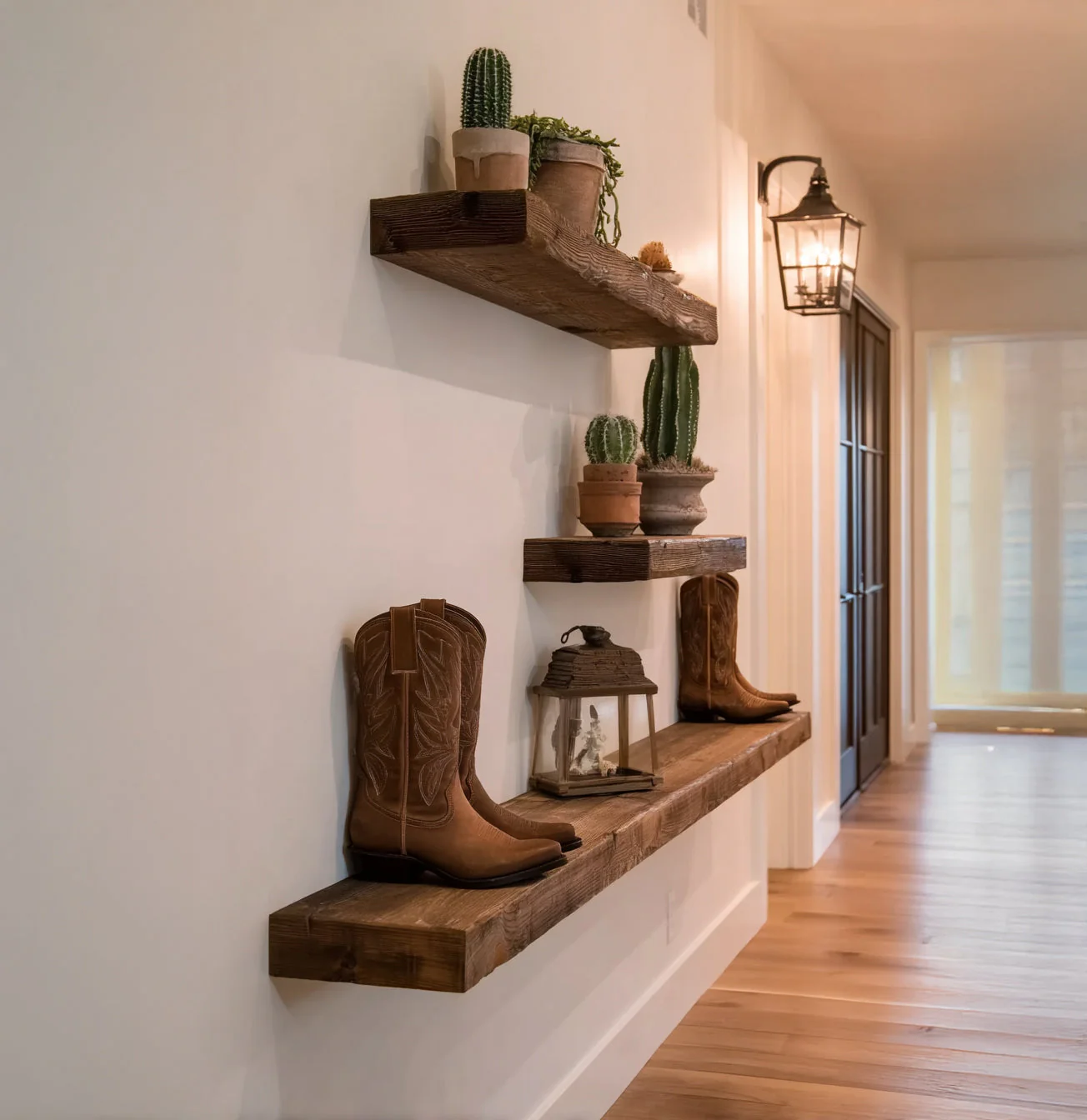 Rustieke Houten Zwevende Planken – Boerderijkeuken Wandplank voor Laarzen & Decoratie