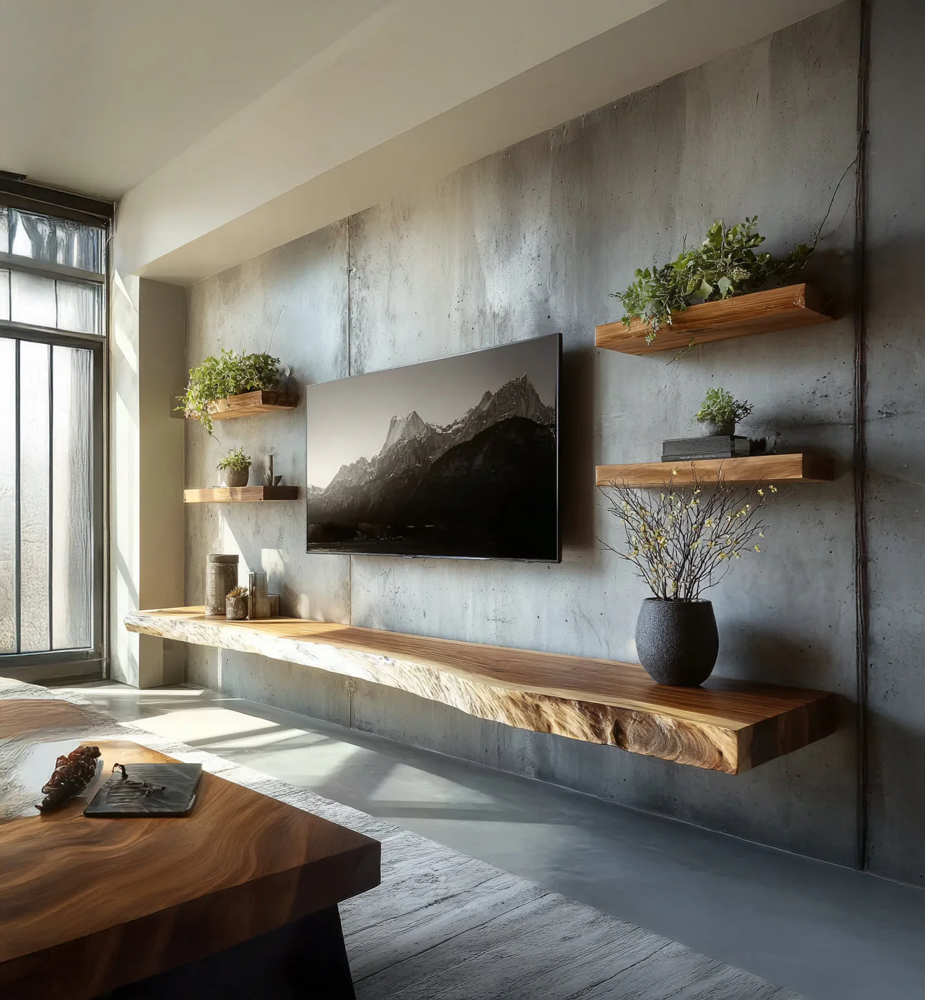 Live Edge Massief Houten Zwevend TV-Meubel Handgemaakte Media Consoles