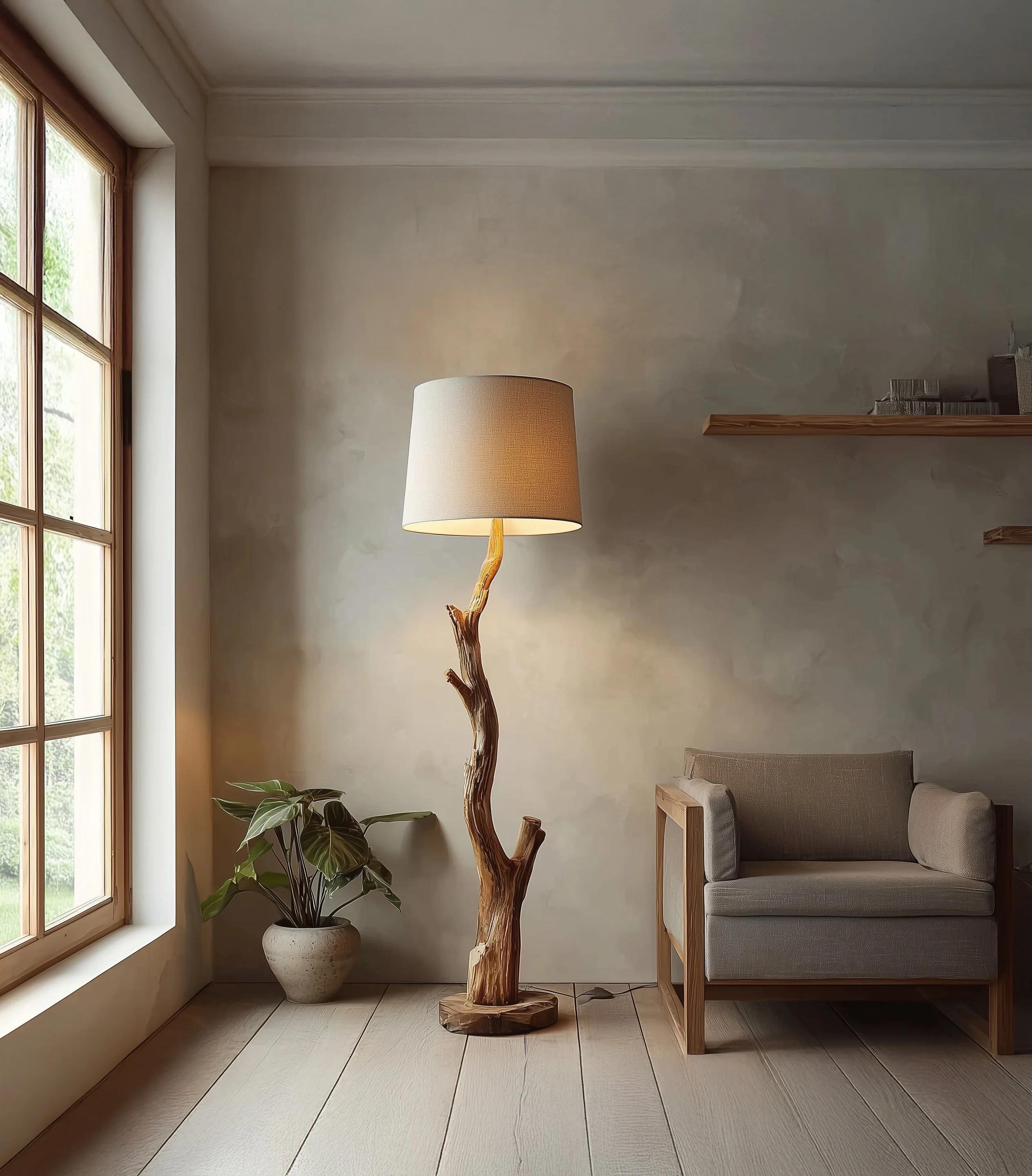 Rustieke Driftwood Staande Lamp – Handgemaakte Houten Boomtak Lamp voor Interieur