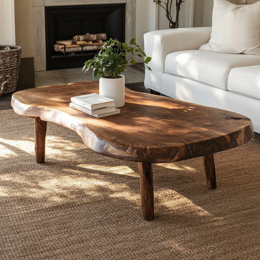 Live Edge Massief Houten Salontafel – Handgemaakte Rustieke Organische Lage Tafel