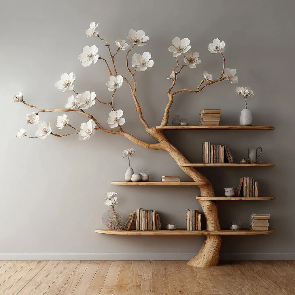Bloeiende Boom Boekenkast – Handgemaakte Houten Bloemenplank voor Elegante Woondecoratie