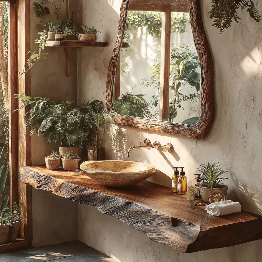 Op Maat Gemaakte Badkamermeubel van Live Edge Massief Hout – Rustieke Wastafelplank