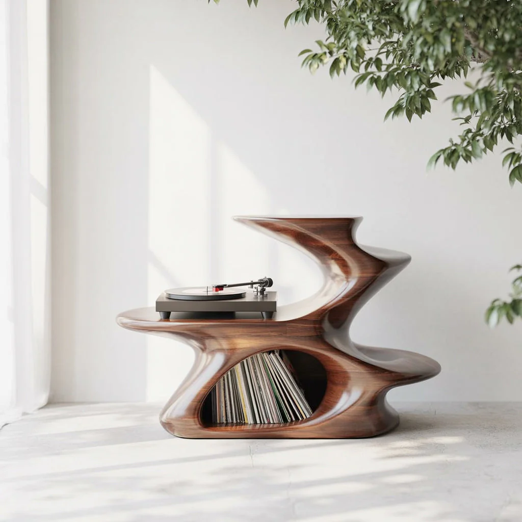 Sculpturale Houten Platenspeler Standaard – Organisch Moderne Tafel met Vinylopslag