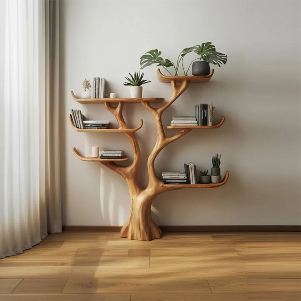Handgemaakte Boom Boekenkast – Unieke Houten Wandplank Decor