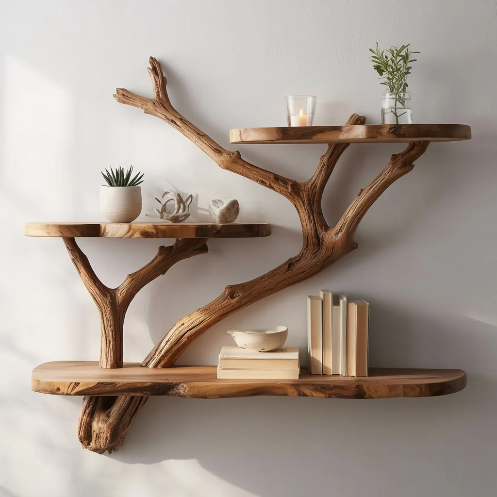 Handgemaakte Boom Wandboekenplank – Sculpturale Zwevende Houten Plank