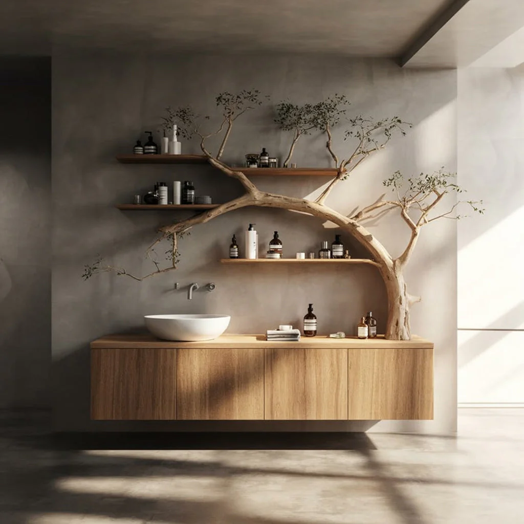 Takken Houten Badkamermeubel met Zwevende Planken – Massief Houten Console