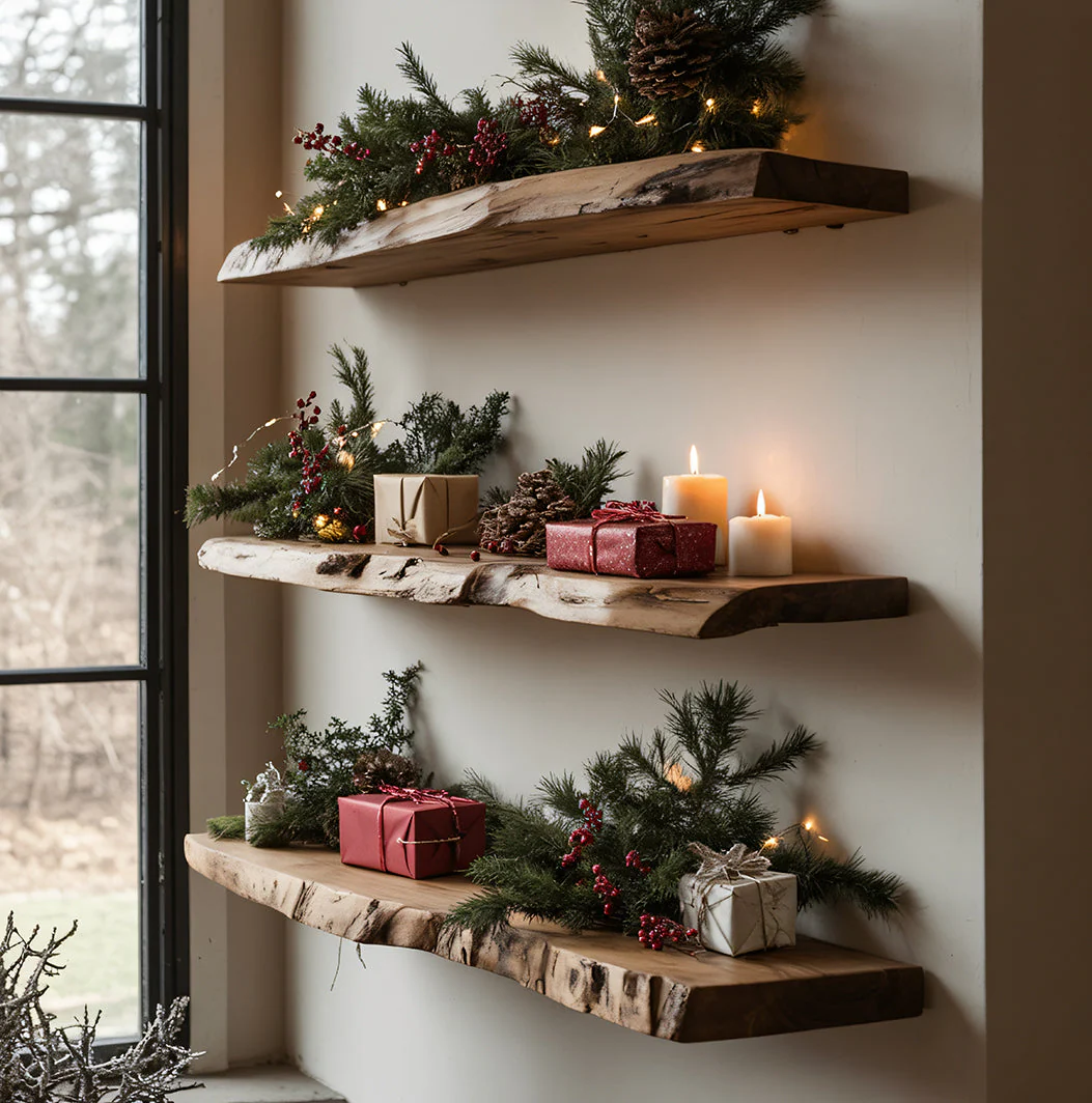 Handgemaakte Live Edge Massief Houten Zwevende Plank – Gekerfd Golvend Wandmeubel voor Woondecoratie