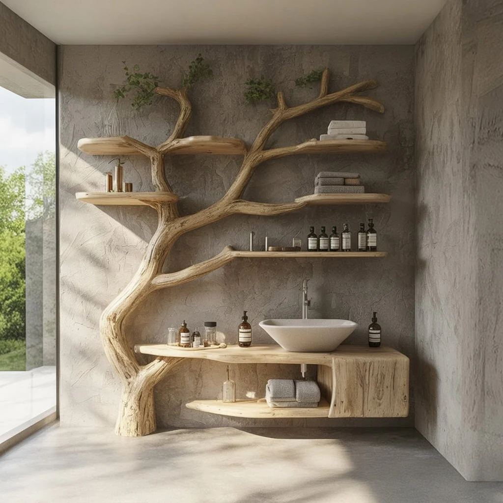 Rustiek Massief Houten Decoratiemeubel met Zwevende Boomstam Wandplanken – Uniek Artistiek Woondecor Cadeau