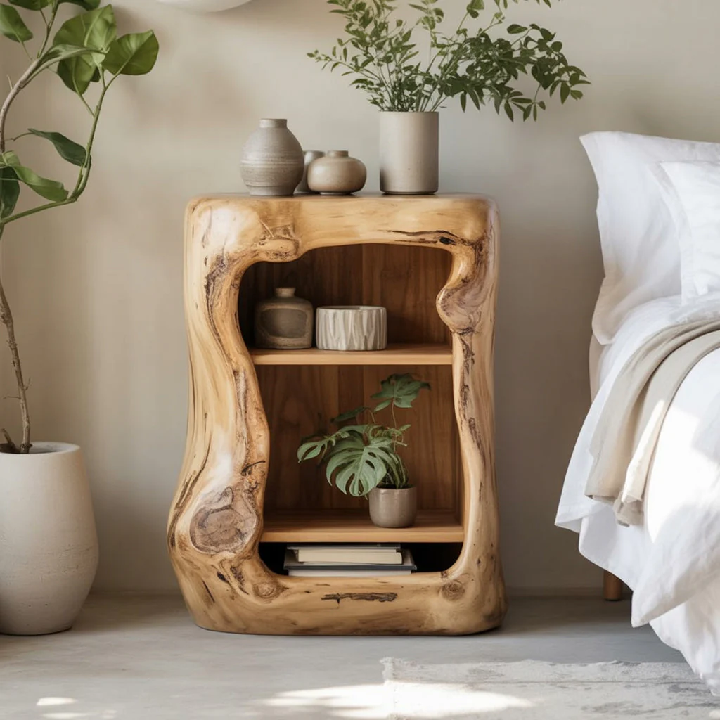 Live Edge Houten Nachtkastje – Handgemaakt Natuurlijk Hout Bedtafeltje met Planken
