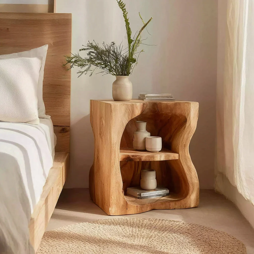 Rustiek Organisch Nachtkastje van Massief Hout – Sculpturale Bijzettafel voor de Slaapkamer