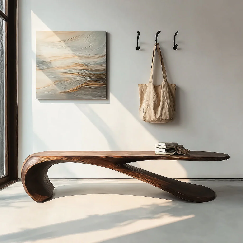 Handgemaakte Sculpturale Houten Bank – Modern Organisch Gebogen Halbank