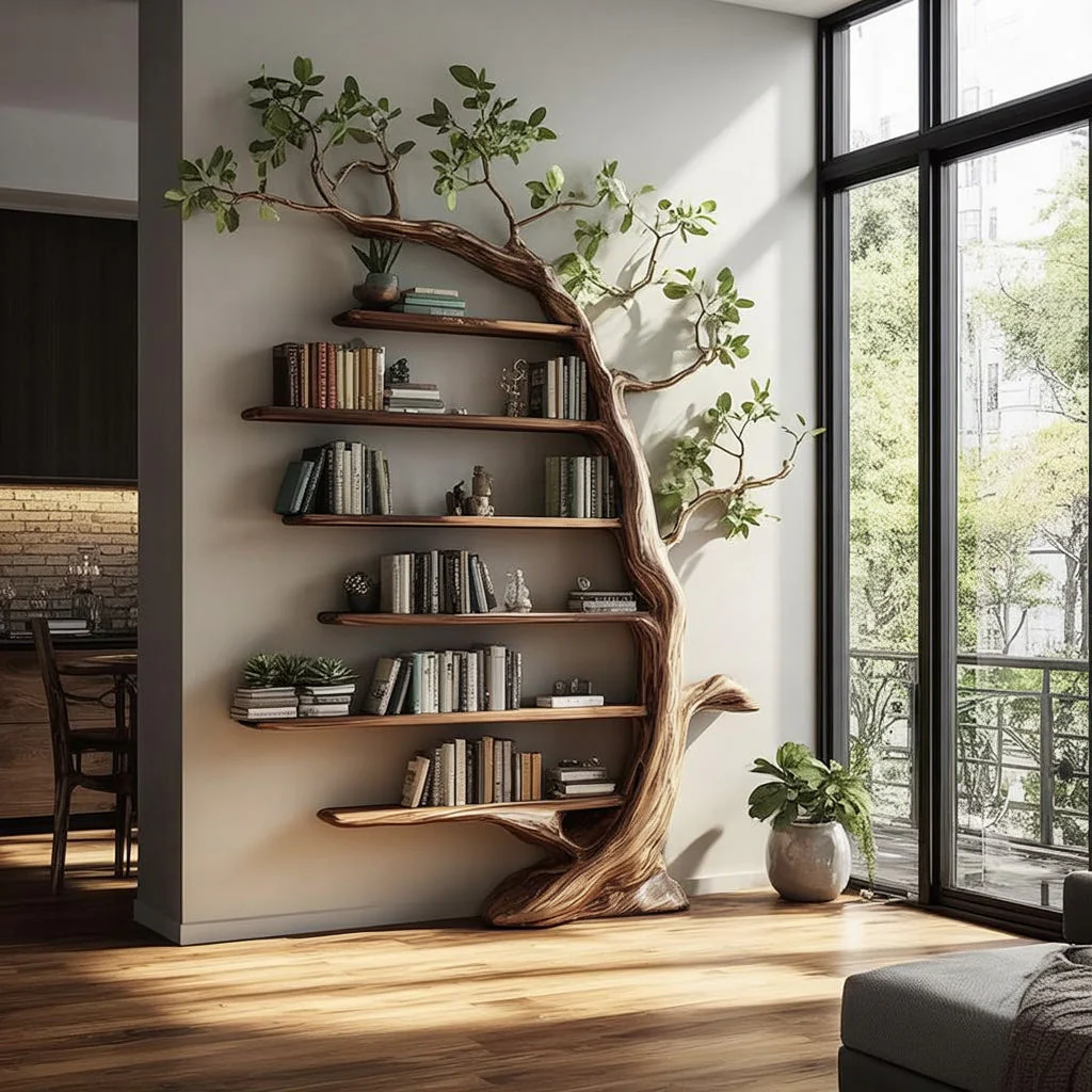 Handgemaakte Boom-geïnspireerde Houten Boekenplank – Artistieke Wandplank