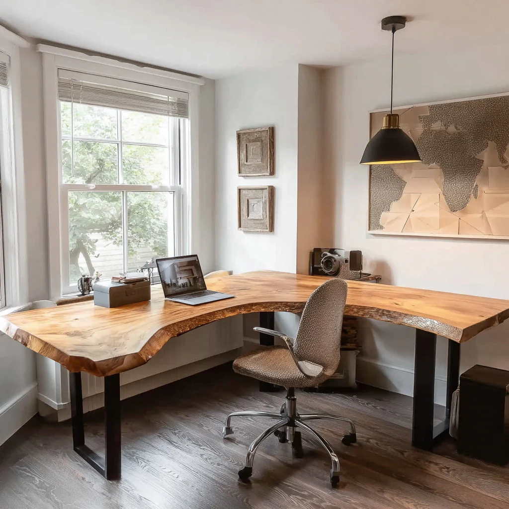 Live Edge L-Vormig Bureau van Massief Hout – Handgemaakt Hoekbureau voor Thuiswerkplek