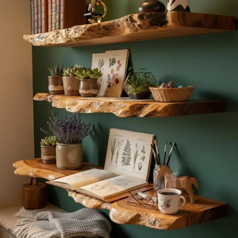 Handgemaakte Live Edge Houten Wandplanken – Rustieke Natuurlijke Zwevende Planken