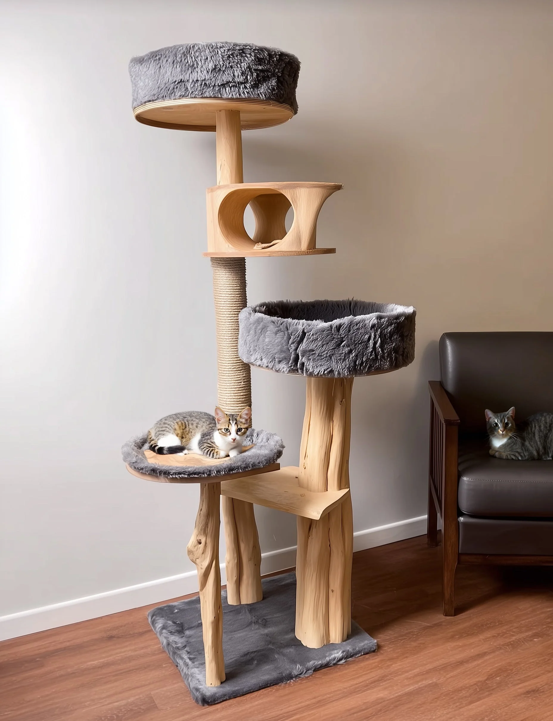 Rustieke Houten Kattentoren – Handgemaakt Wandmontage Klimtoren Plank, Uniek Natuurlijk Kattenmeubel