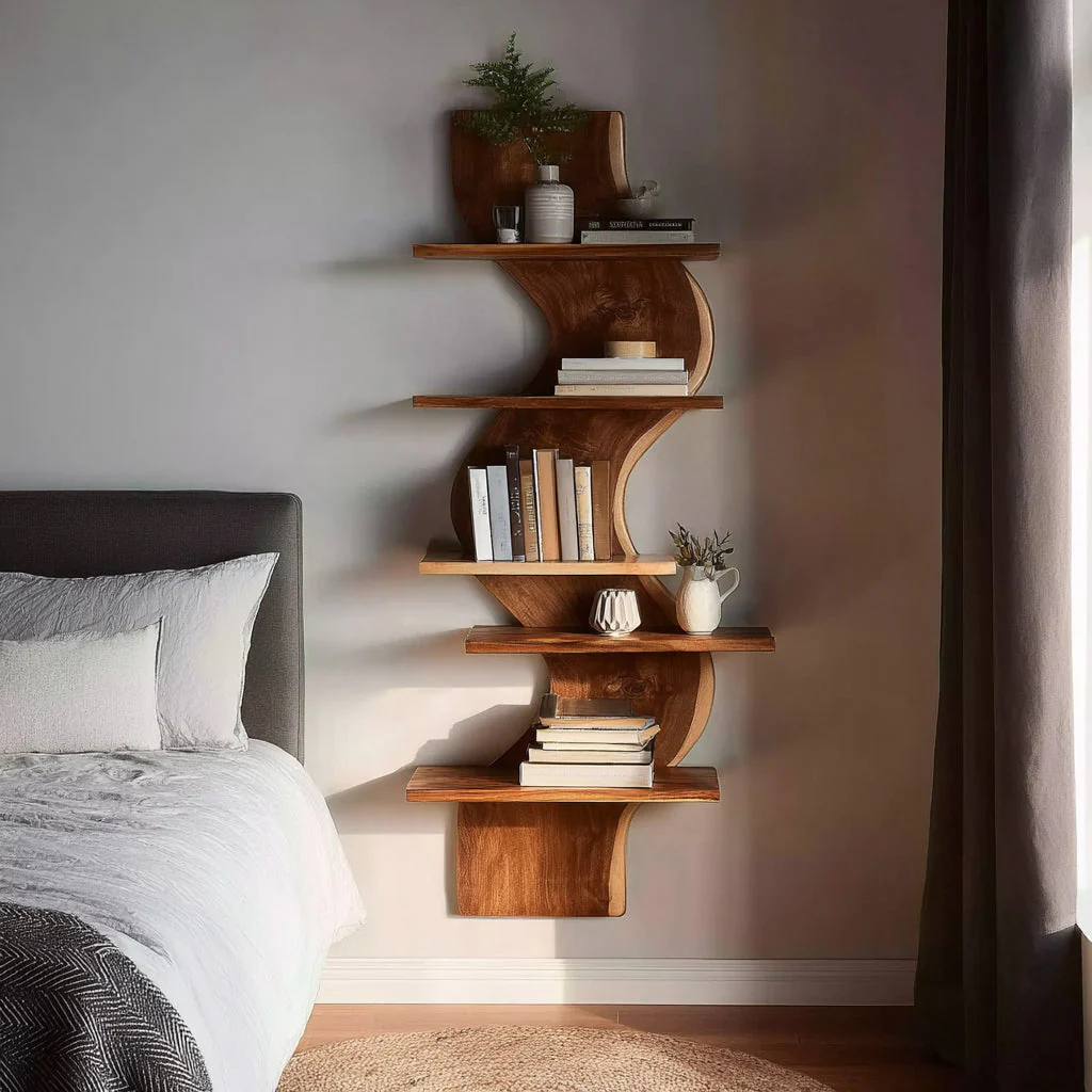 Moderne Live Edge Zwevende Wandplank – Houten Slaapkamerplank